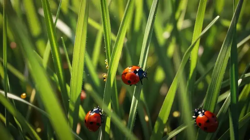 Ladybugs crawl across vibrant, sun-drenched St. Augustine grass