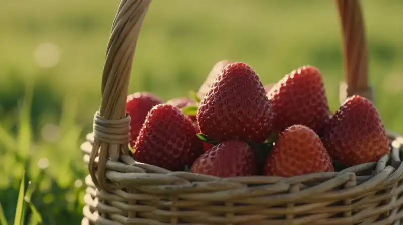 Overflowing red strawberries rest in a warm, blurred green meadow