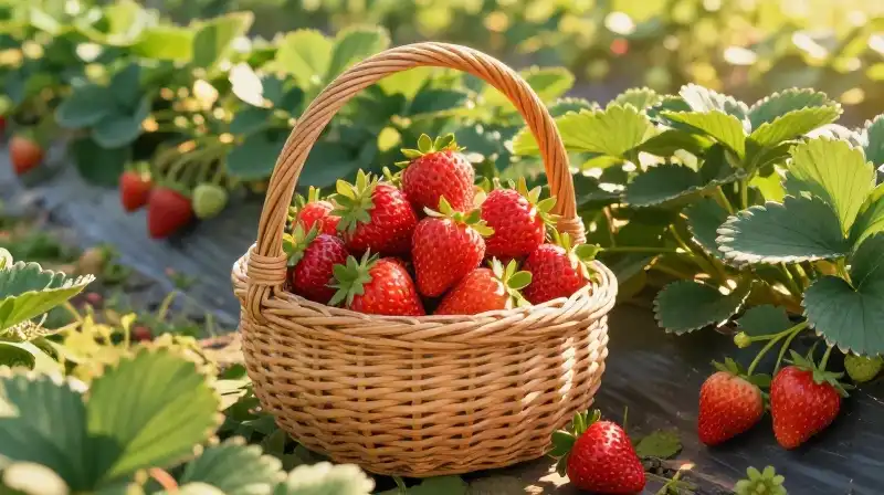 A wicker basket overflows with vibrant strawberries under golden light