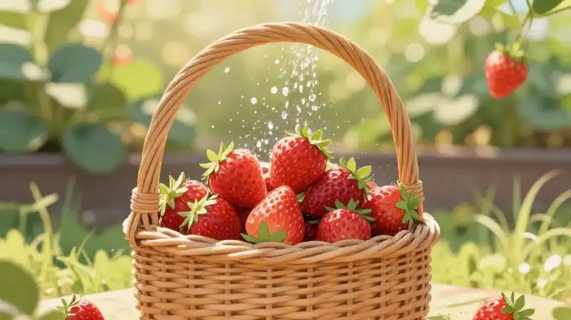 Wicker basket overflows with ripe strawberries, bathed in soft golden light