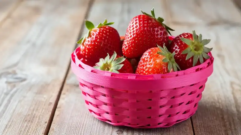 Pink basket holds plump strawberries on a rustic wooden tabletop