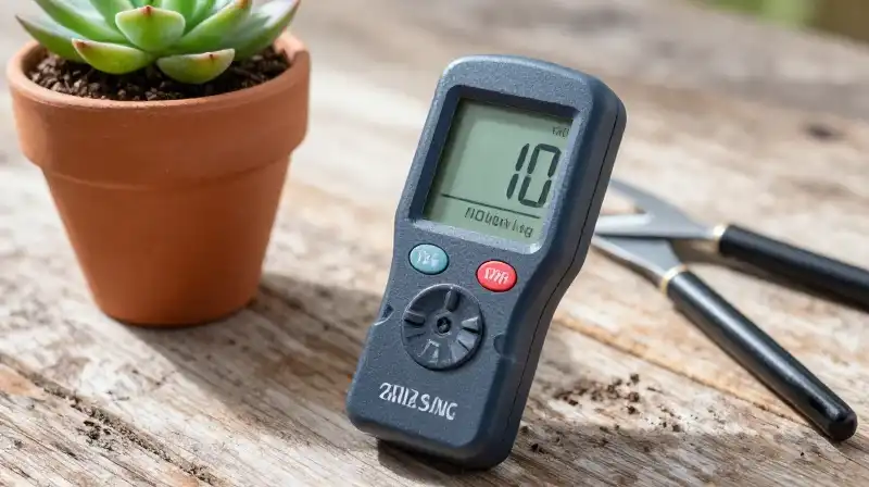 Succulent, meter, and tools rest on warm, rustic wood