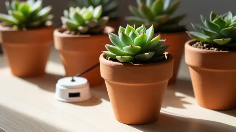 Sunlit succulents in clay pots feature a tiny moisture sensor