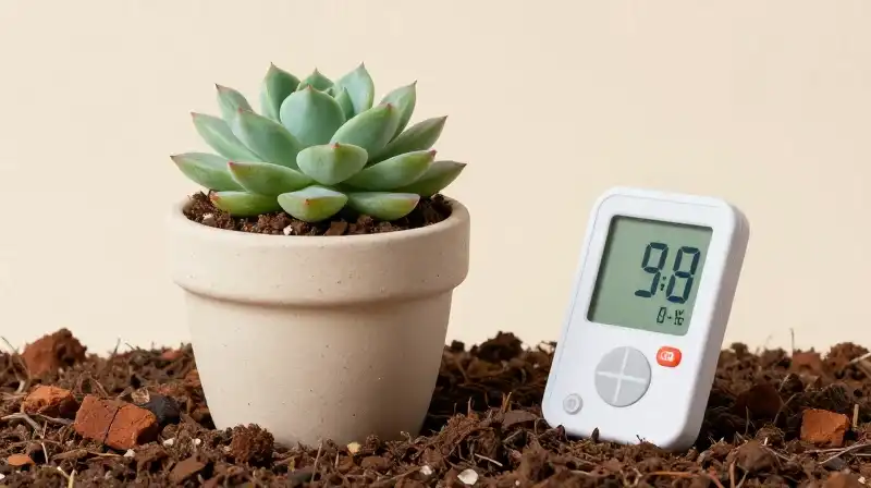 A succulent in a ceramic pot sits beside a moisture meter
