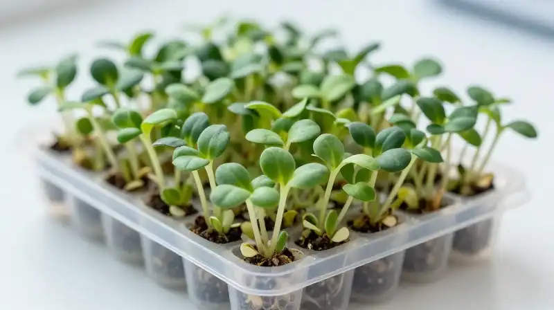 Tiny vibrant sunflowers pop from a clean growing tray