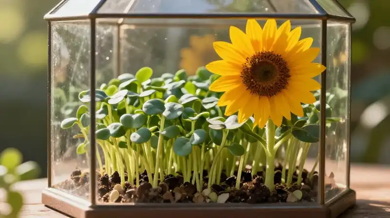 Vibrant microgreens bloom under golden sunlight inside a glass terrarium