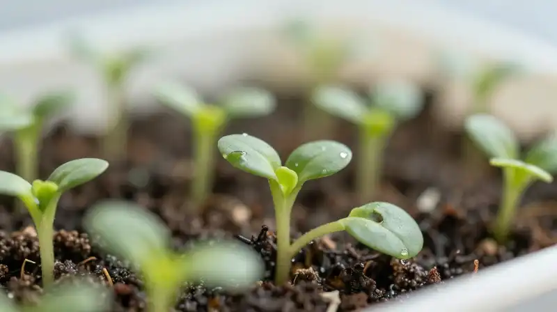 Tiny bright sunflowers sprout from wet compost