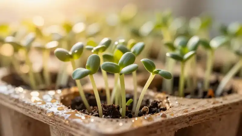 Tiny golden sprouts sprout from a damp, detailed wooden tray