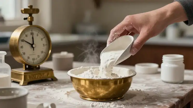 A hand scoops white clay next to a vintage brass scale