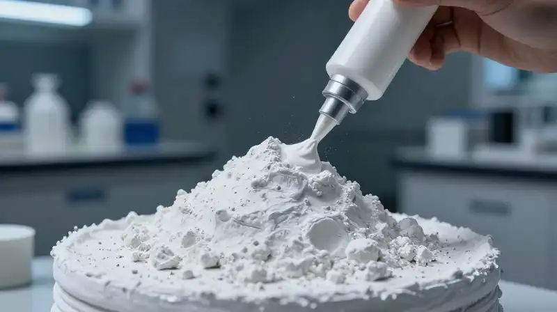 White clay stacks gleam dramatically in a precise industrial lab