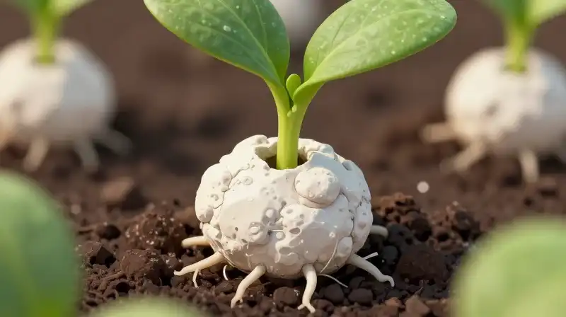 White clay protects vibrant green seedlings nestled in dark soil