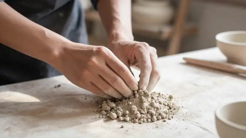 Hands delicately shape pale clay within a rustic, sunlit workshop