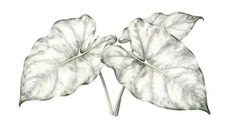 White and silver Syngonium leaves gleam under soft, ethereal light