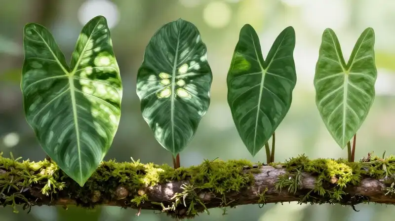 Vibrant green syngonium leaves vary against a mossy branch under dappled sun