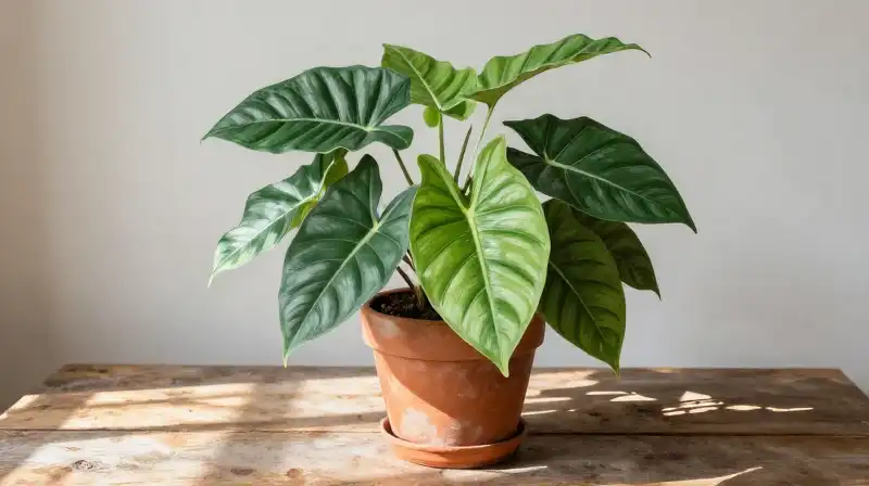 Lush, vibrant syngonium leaves mist and dappled sunlight grace a rustic table
