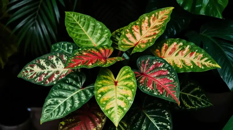 Vibrant, multi-colored leaves thrive in a lush tropical setting