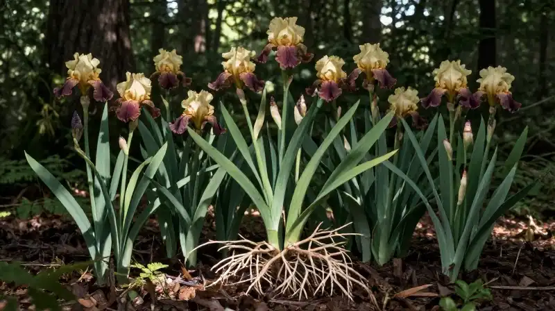 Dappled light hits a detailed iris rhizome on damp forest floor