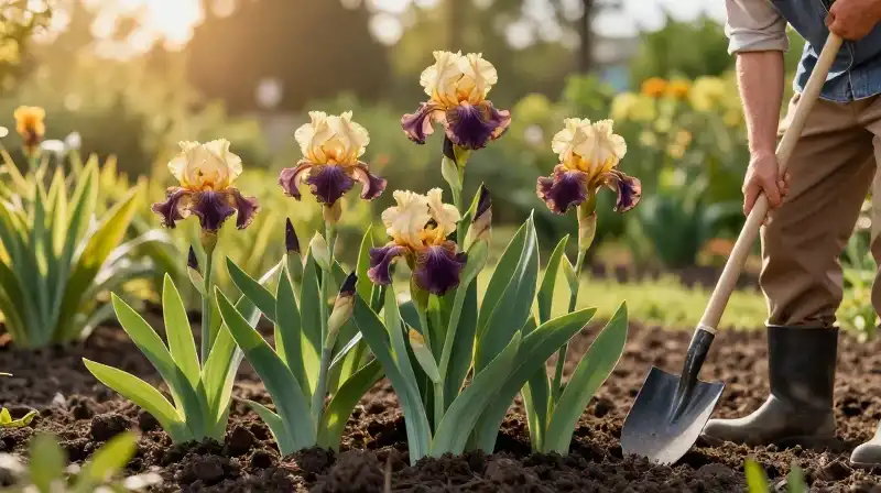 Golden light illuminates a tall iris in dark, rich soil