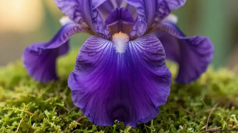 Vivid purple iris with a long beard rests on lush green moss in golden light