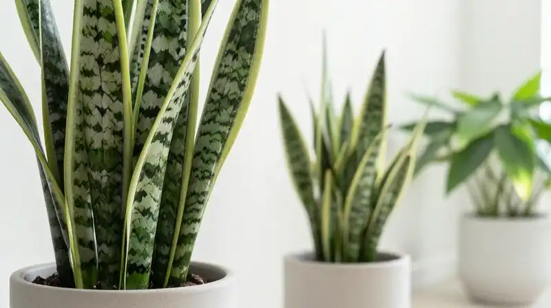 Giant snake plant in a minimalist ceramic pot bathed in morning light