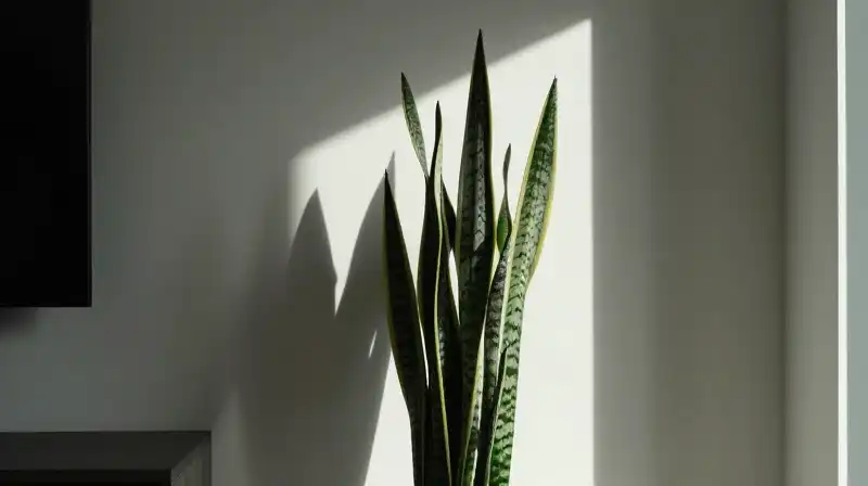 A tall snake plant fills a sleek, minimalist luxury room