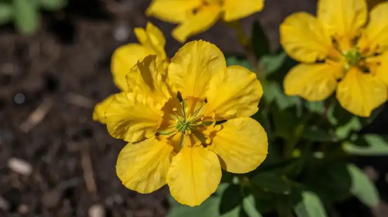 Vibrant golden flowers bloom brightly from rich, dark soil