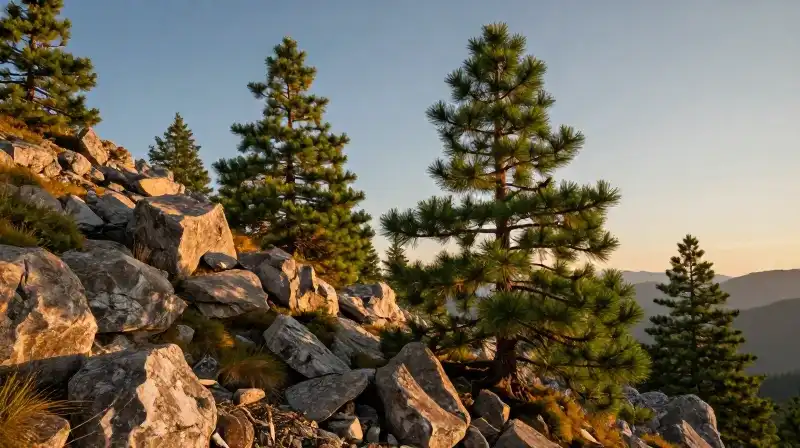 A vibrant, healthy pine stands on a rugged alpine hill under a golden sunset