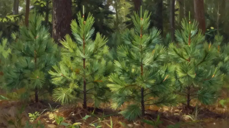Dappled sunlight illuminates small pine saplings in lush forest foliage