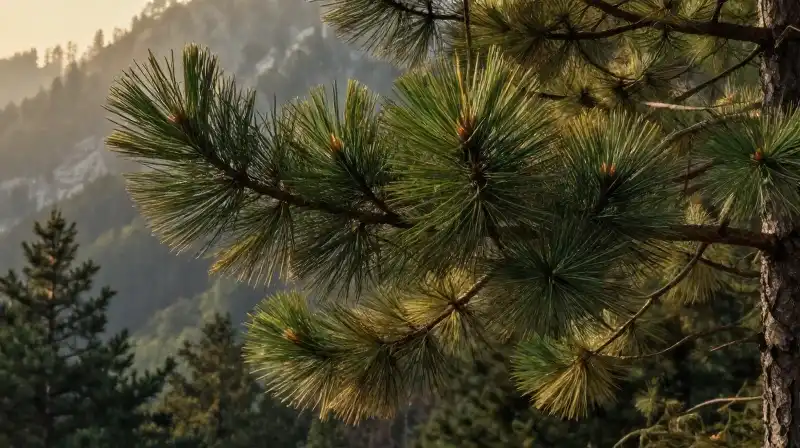 Detailed pine branches glow in a dramatic mountain sunset