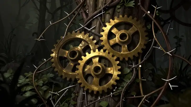Sharp thorny vines intertwine with dark, towering brass gears