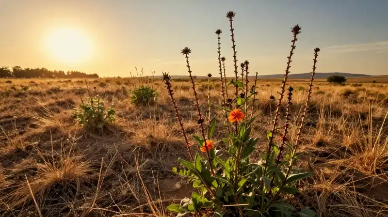 Vibrant twisted stalks stand dramatically in a golden, arid field