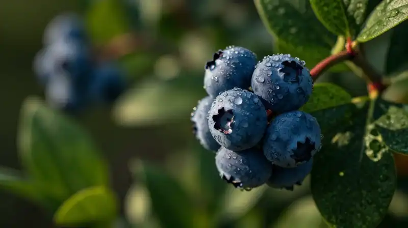 Dew-covered blue berries shine dramatically within lush morning foliage