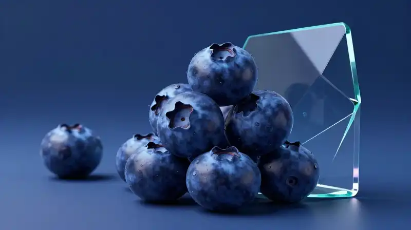 Deep indigo blueberries rest against a fractured glass sculpture in a cool, atmospheric blue