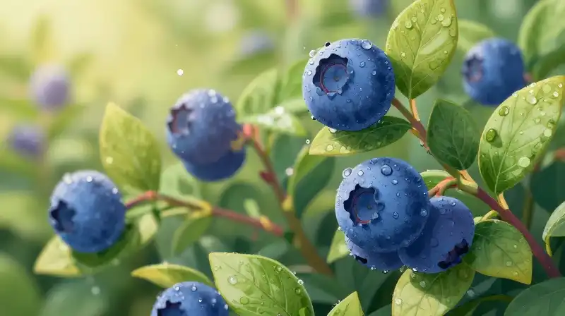 Vibrant dewy blueberries thrive in a lush, sun-drenched garden
