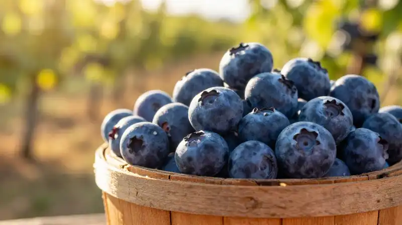 Deep indigo blueberries spill from a sun-drenched wooden basket in a warm vineyard