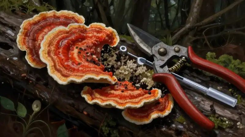Vivid fungus covers a trunk in a dark, damp forest