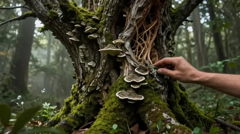A skilled hand treats a decaying, mossy tree within a misty forest