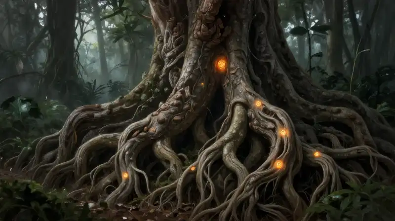 Gnarled, glowing roots emerge from a misty, decaying forest floor