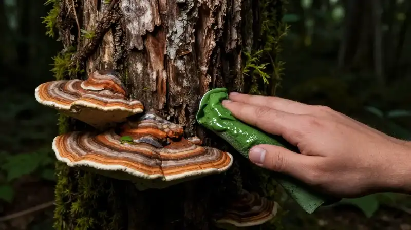 Hand applies vivid green sap to a fungal tree in the mossy forest