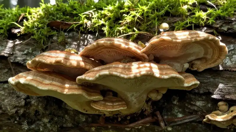 Sunlit decay: fungus and moss on textured forest bark