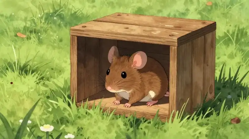 A small mouse trapped in a tiny wooden box amidst green grass