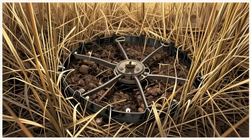 A cunning ground trap, hidden by dry grass and soil, catches golden light
