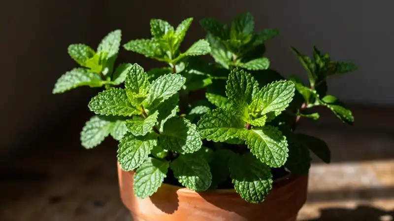Vibrant mint leaves thrive in a rustic terracotta pots dappled light