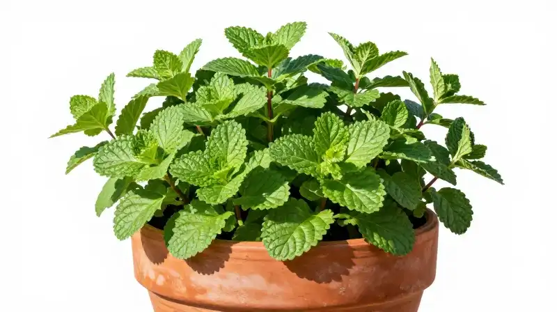 Lush mint foliage glows in a textured terracotta pot