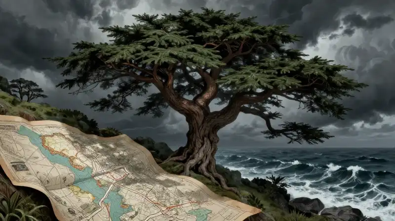 Detailed map-tree looms over a turbulent, stormy sea