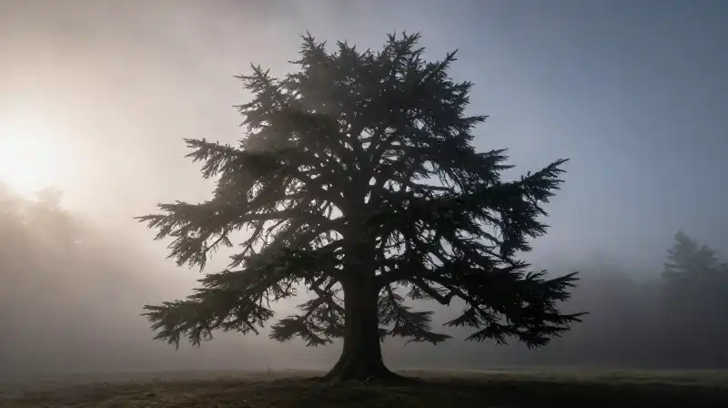 Ethereal mist swirls around a dramatically drooping cedar tree