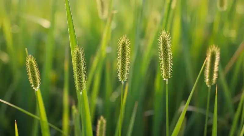 Golden sunlight illuminates detailed crabgrass seeds and vibrant green foliage