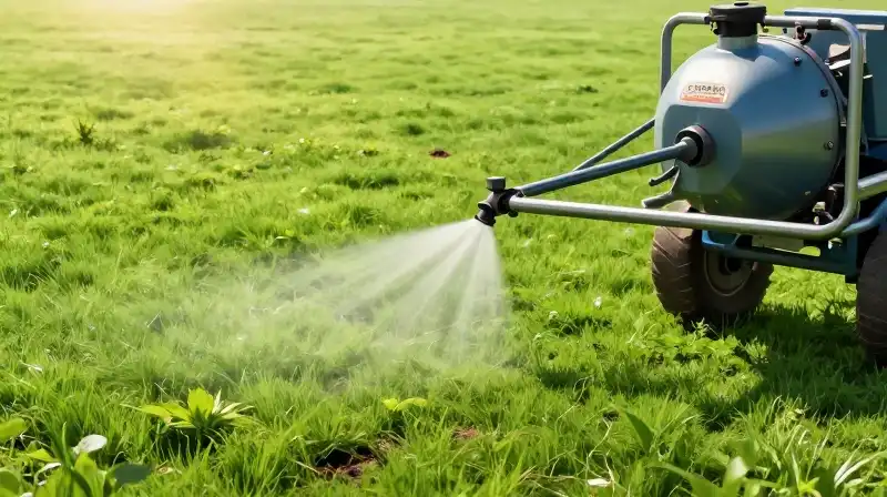A sprayer coats a bright green lawn in a fine mist of vibrant green