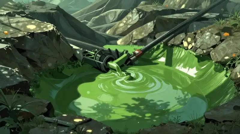 Green slurry churned across undulating, rocky hills under dappled light