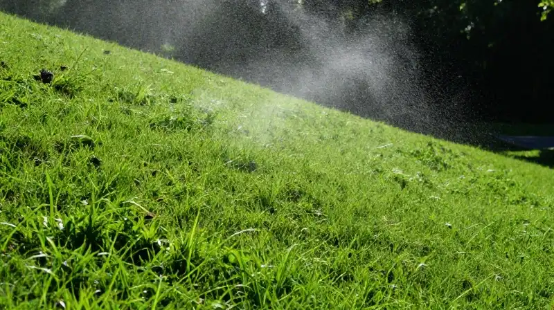 Vivid green growth blankets the misty slope in dramatic sunlight